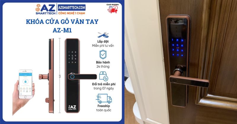 Hình ảnh thực tế khóa vân tay cửa gỗ của AZSMARTTECH