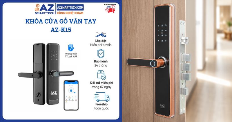Hình ảnh thực tế khóa vân tay cửa gỗ của AZSMARTTECH