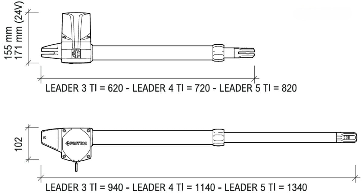Kích thước của motor cổng tay đòn Proteco Leader TI 3