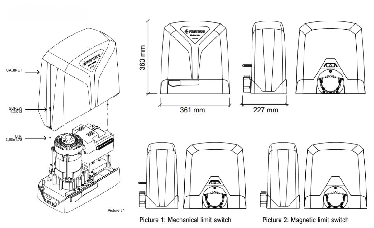 Kích thước motor cổng trượt Proteco Matrix HS 1800kg
